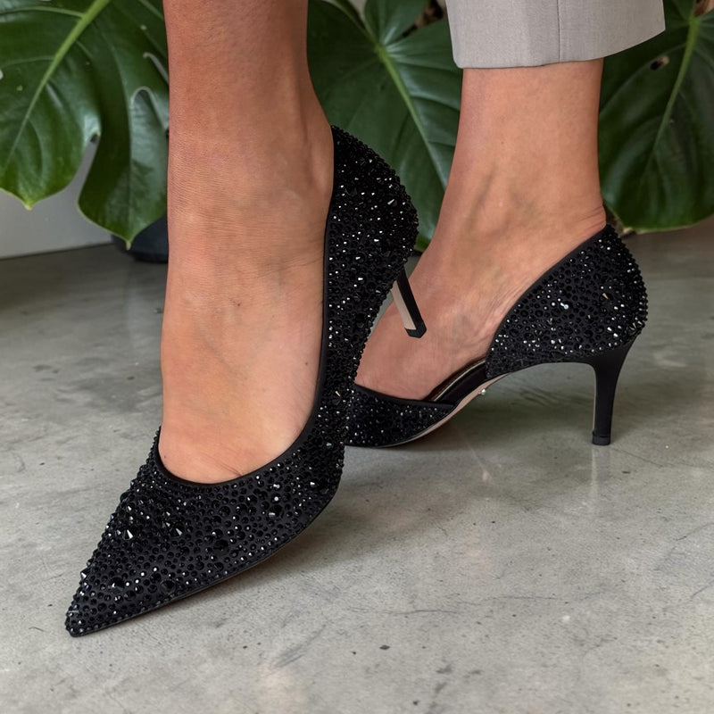 Womens Tamaris 22457 Black Diamante Irregular Cut Side Court Heels - Black Diamante
