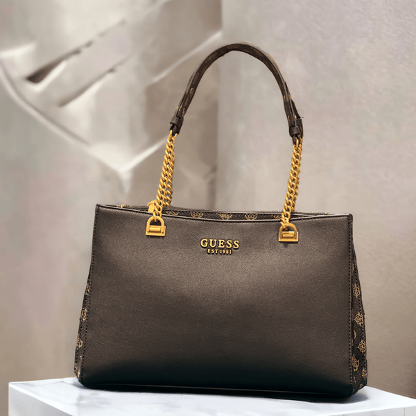 Guess Fynna Black Brown Logo Shoulder Bag - Brown