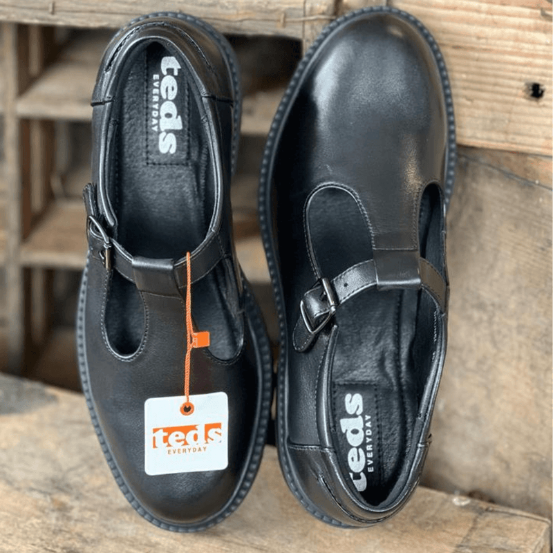 Girls Teds Brunel Black Leather T-Bar School Shoes - Black Leather