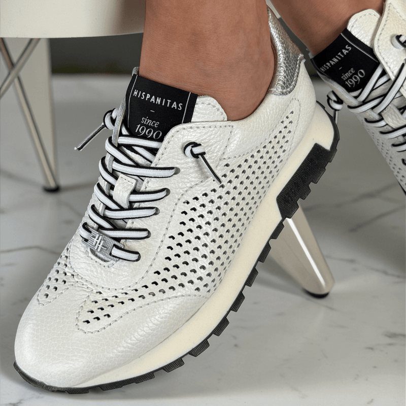 Womens Hispanitas HV264559 White and Silver Leather Perforated Trainers - White and Silver