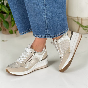 Womens Tamaris 23703 Combination Side Zip Wedge Trainers - Beige Combi