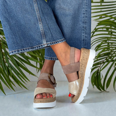 Womens Lotus ULP268 Natural & Gold Leather Cammie Flatform Sandals - Taupe and Gold