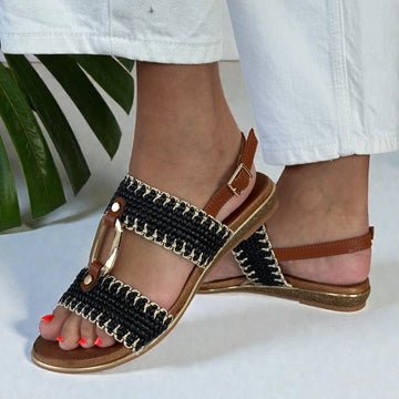 Womens Lunar Jules Woven with Gold Circle Sandals - Black