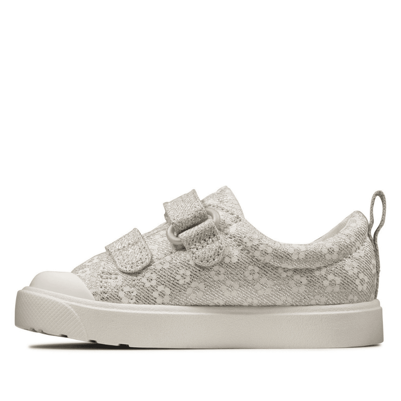 Infant Clarks Girls City Bright Silver Floral Glitter Canvas Shoe - Silver