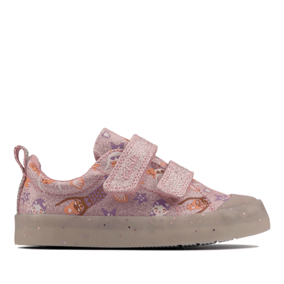 Junior Clarks Girls Foxing Print Pink Canvas Shoe - Pink