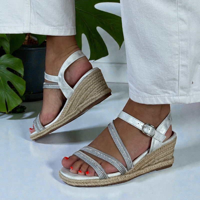 Womens Lunar Izzy  Diamante Straps Wedge Sandals - Silver