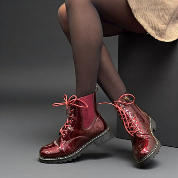 Womens Lunar Alexis Burgundy Patent Lace Up Biker Boots - Burgundy