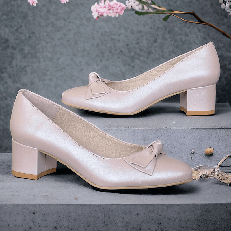 Womens Emis Ladies Bow Detail Block Heels - Pink Pearl