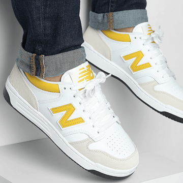 Womens Unisex New Balance 480 - White with Apollo Gold - White