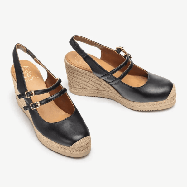 Womens Unisa Cyntia Black Double Strap Espadrille Wedge Sandals - Black