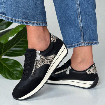 Womens Rieker N1210 Black with Leopard Side Zip Trainers - Black Leopard