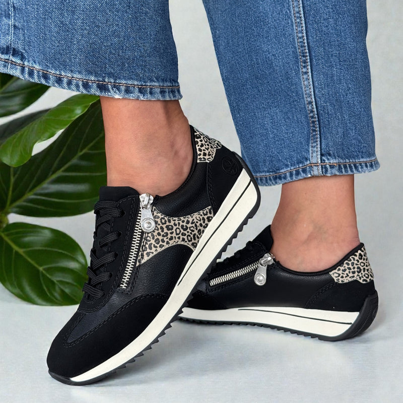 Womens Rieker N1210 Black with Leopard Side Zip Trainers - Black Leopard