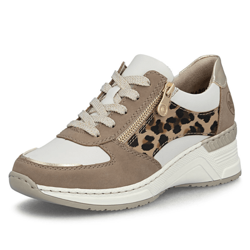 Womens Rieker N4308 Tan White and Leopard Side Zip Wedge Trainers - Tan White and Leopard