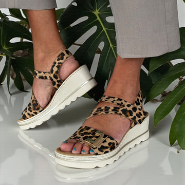 Womens Rieker 67410 Diagonal Strap Wedge Sandals - Leopard