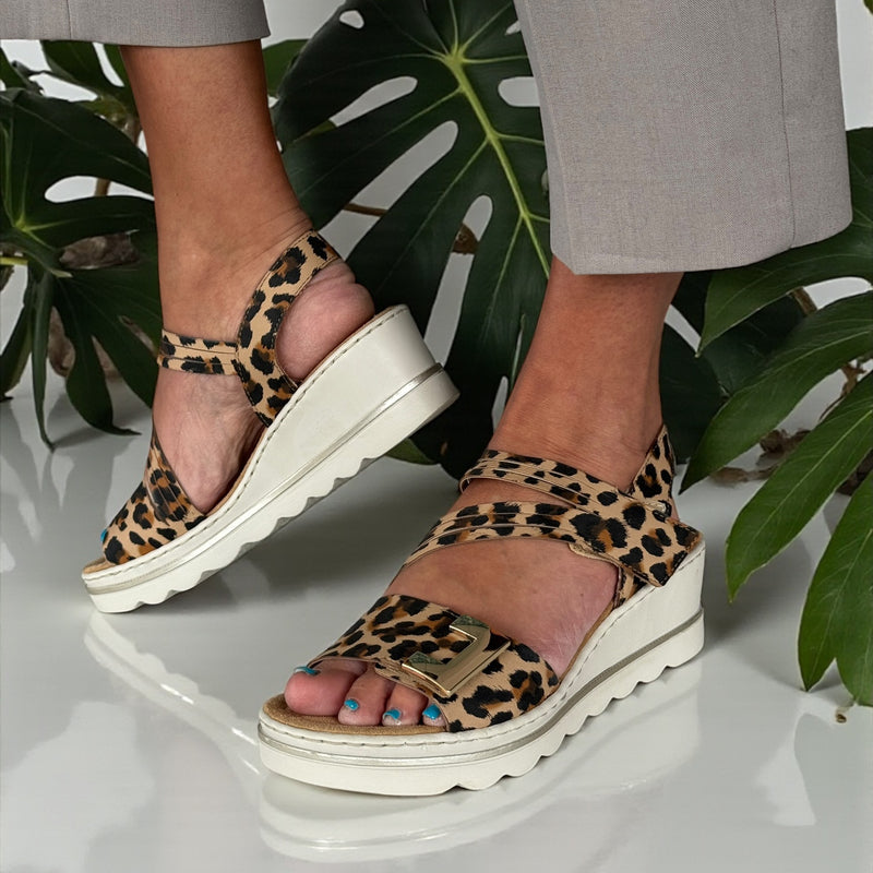 Womens Rieker 67410 Diagonal Strap Wedge Sandals - Leopard