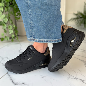 Womens Skechers 177093 Bubble Heel Trainer - Black Uno Leopard - Black