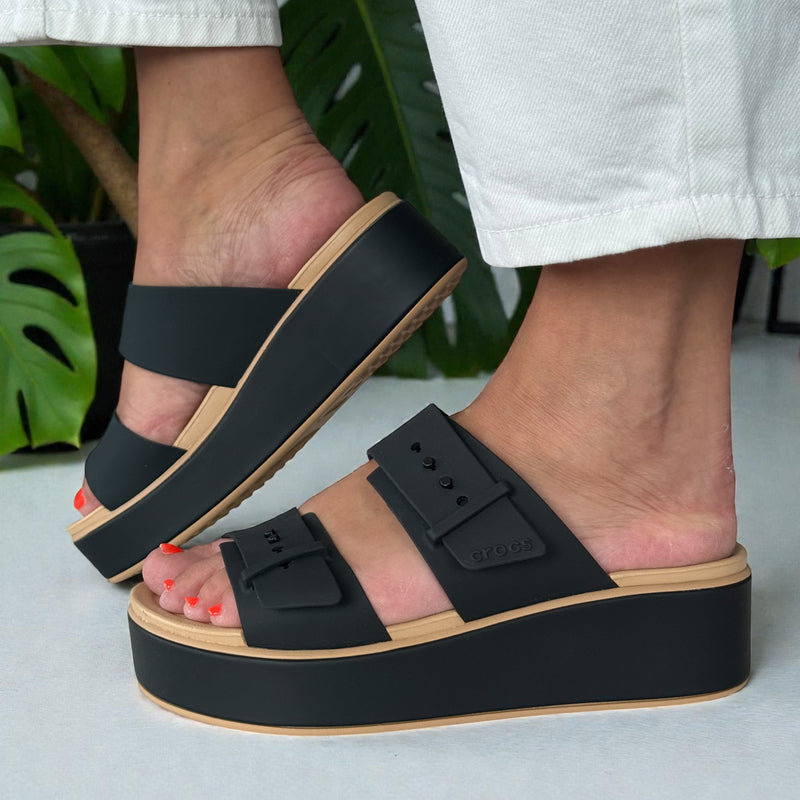 Womens Crocs Black Brooklyn Buckle Wedge Sandals - Black
