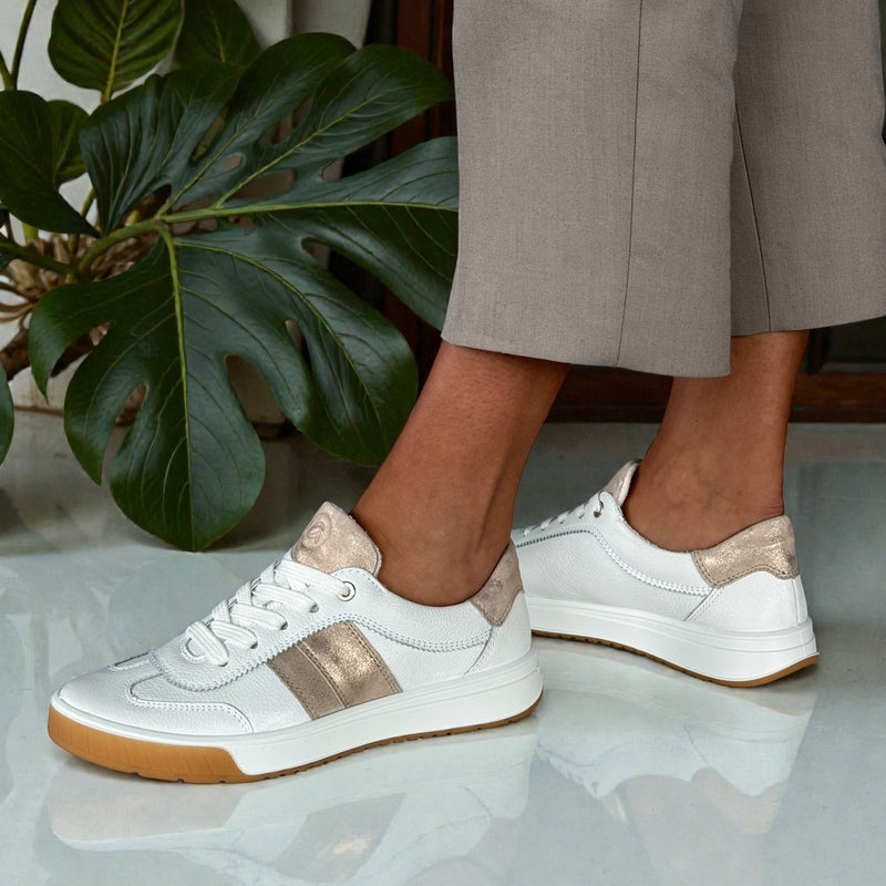 Womens Ara Rom White and Gold Leather Side Zip Trainers - White Gold