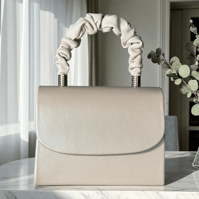 Womens Emis Ladies Pearl Ruffle Handle Box Clutchbag - Beige Pearl