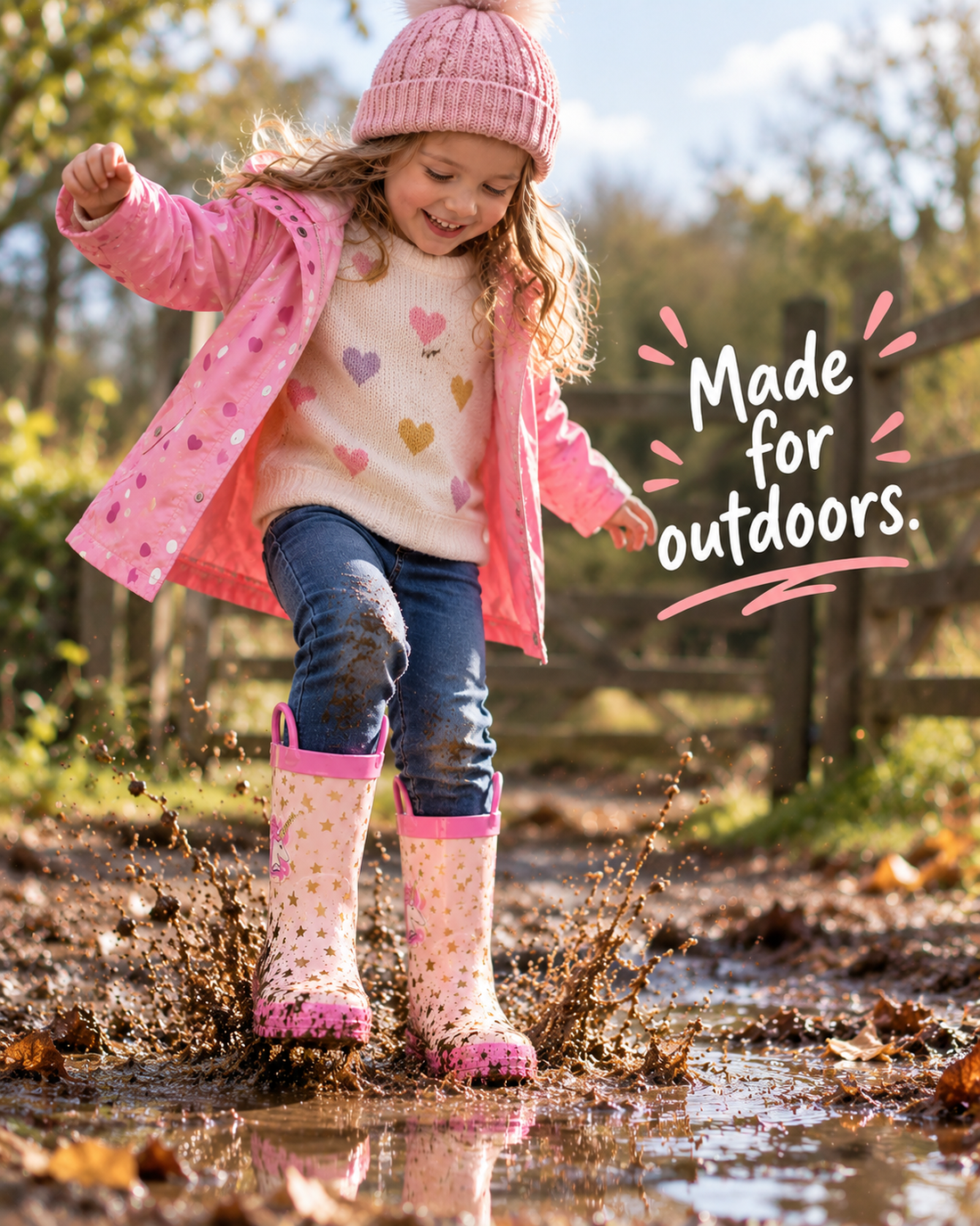 Child in a pink coat walking in unicorn Cotswold wellies. Made for outdoors.