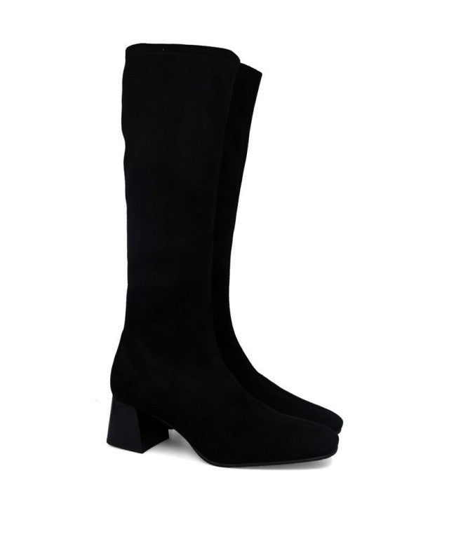 Womens Miss Elastic 75435 Negro Suede Stretch Long Boots - Negro