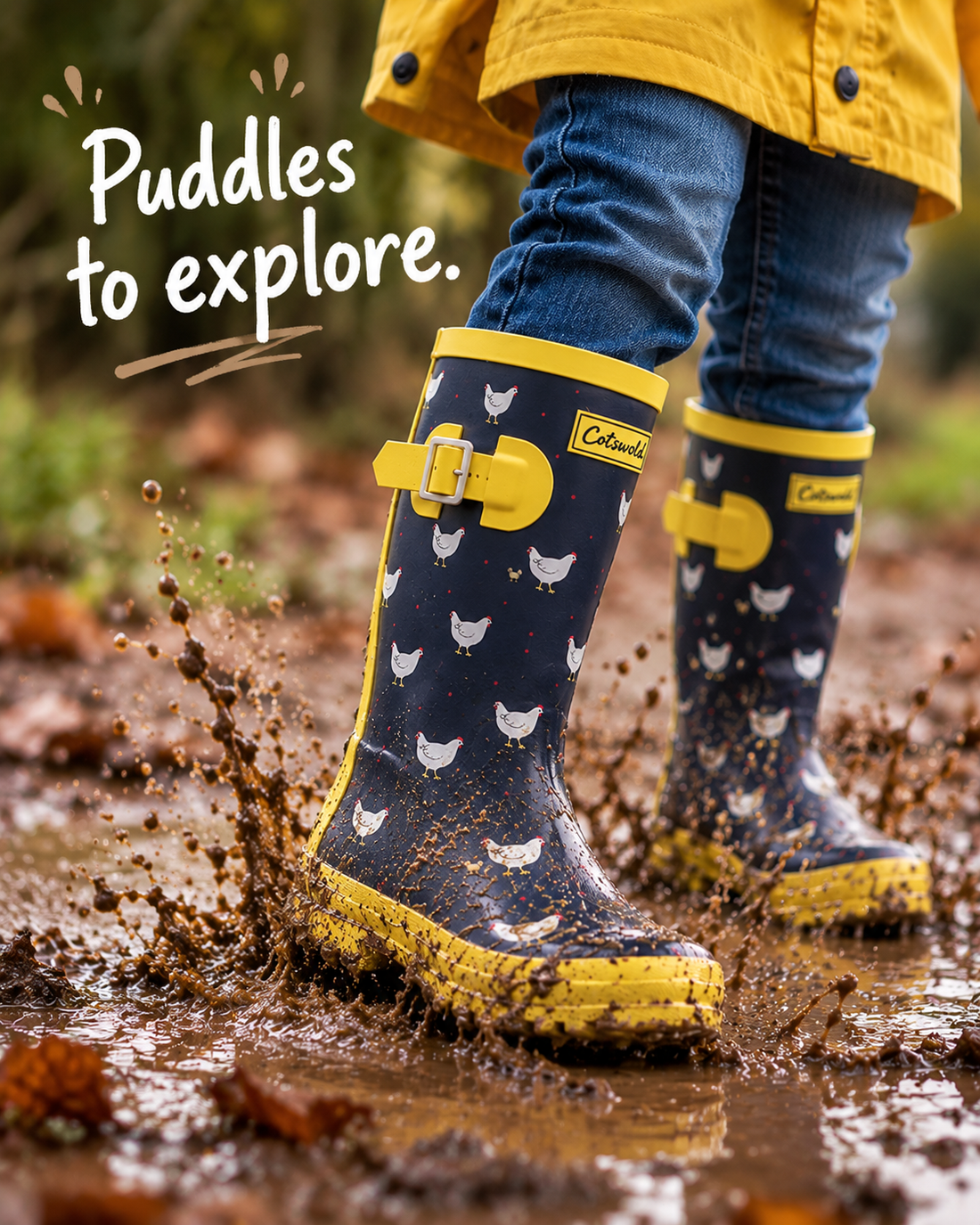 Child in a yellow coat splashing through puddles in farmyard Cotswold wellies. Puddles to explore.